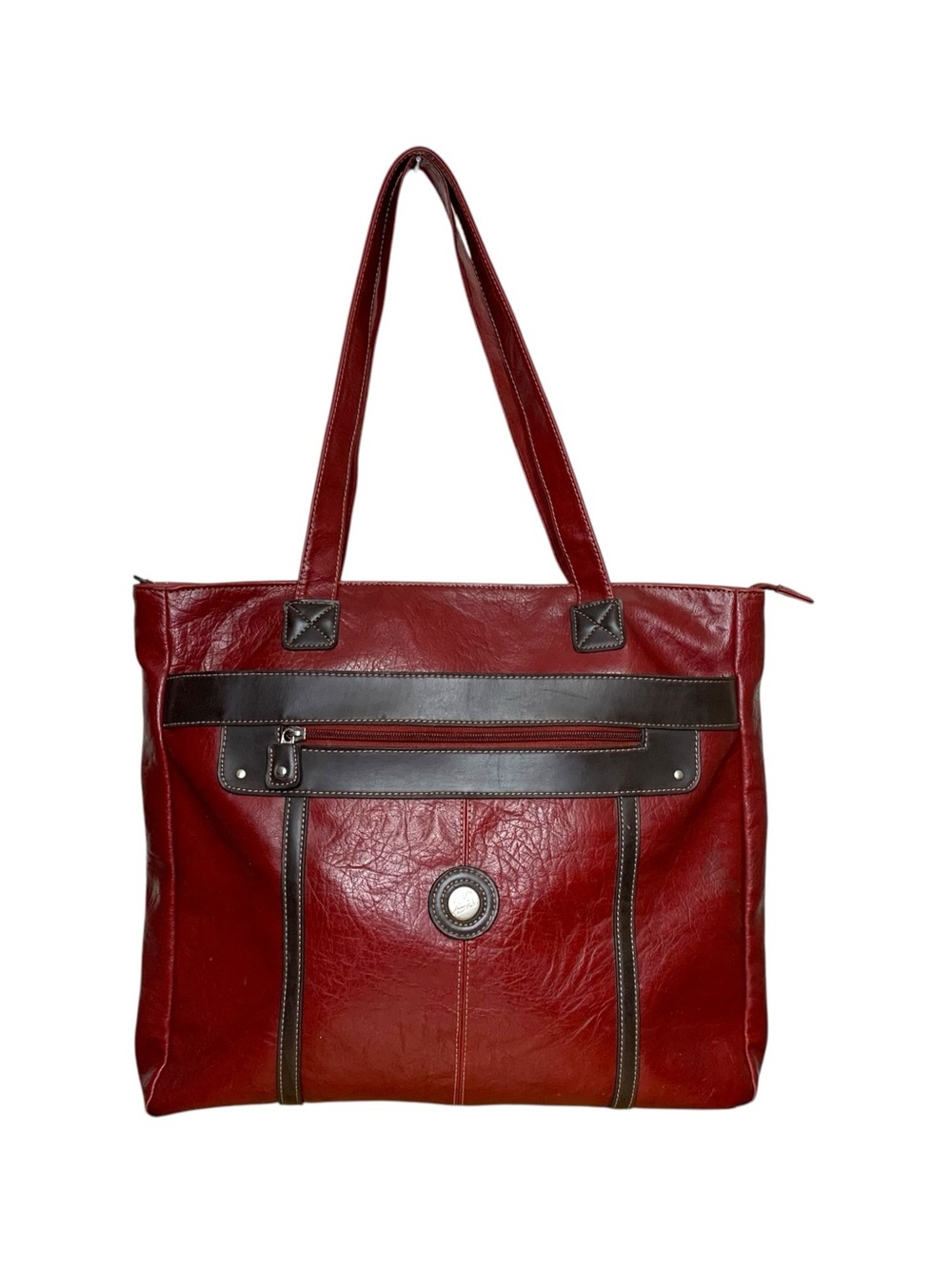 Vintage Mouflon Red Brown PU Leather Shoulder Bag Large Tote Zippered Travel